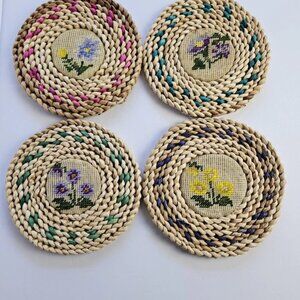 Set of 4 Vintage-Style Raffia Trivets with Hand-Stitched Needlepoint Flowers